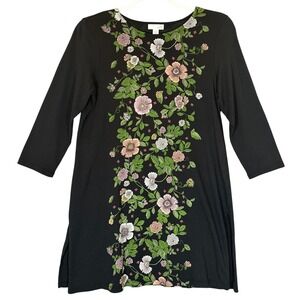 J‎ Jill Black Floral Graphic Long Tunic Top Sz S Cotton Modal Spring Botanical